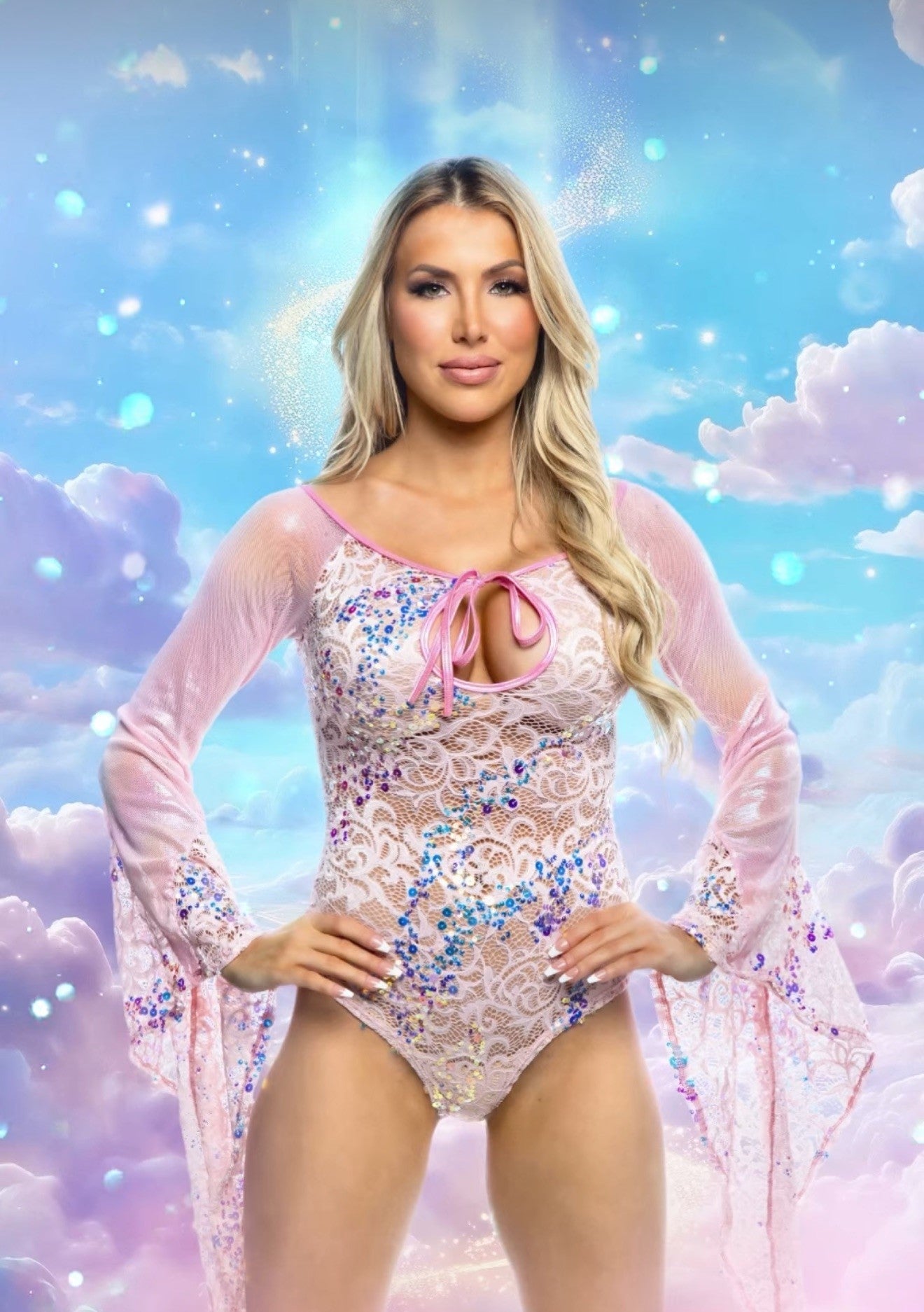 Fishnet sequin flare sleeve top rave outfit, view 1